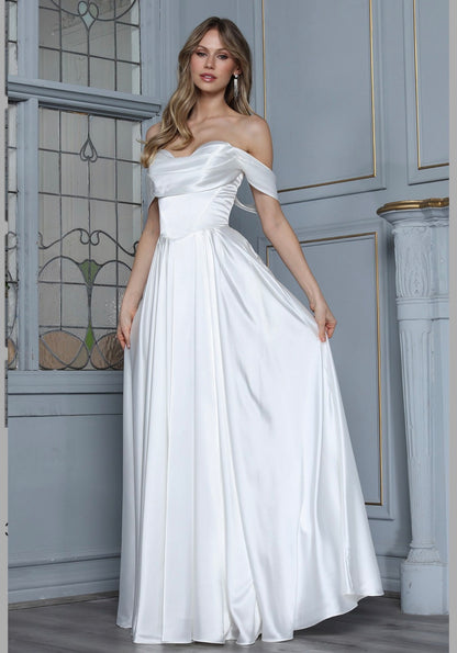 Pleated Waistline Sweetheart Cut-Away Shoulder Satin A-Line Dress. 3343-01 BY ADORA DESIGN