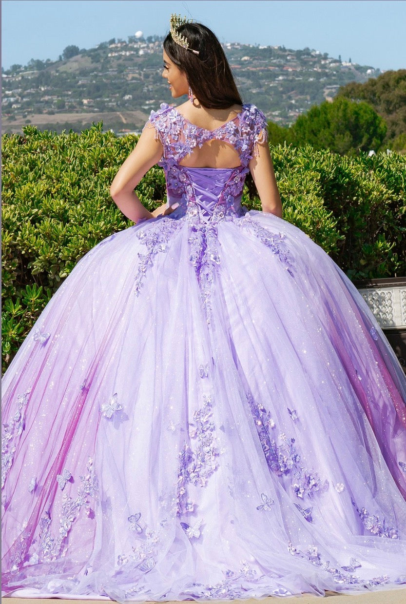 Ombre multiple layers tulle skirt with lace appliques, lace-up back and sweep train. 8088J by Cinderella Couture