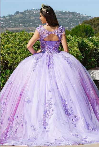 Ombre multiple layers tulle skirt with lace appliques, lace-up back and sweep train. 8088J by Cinderella Couture