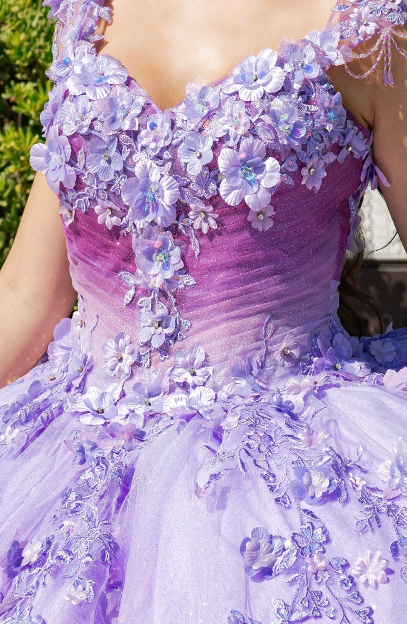 Ombre multiple layers tulle skirt with lace appliques, lace-up back and sweep train. 8088J by Cinderella Couture
