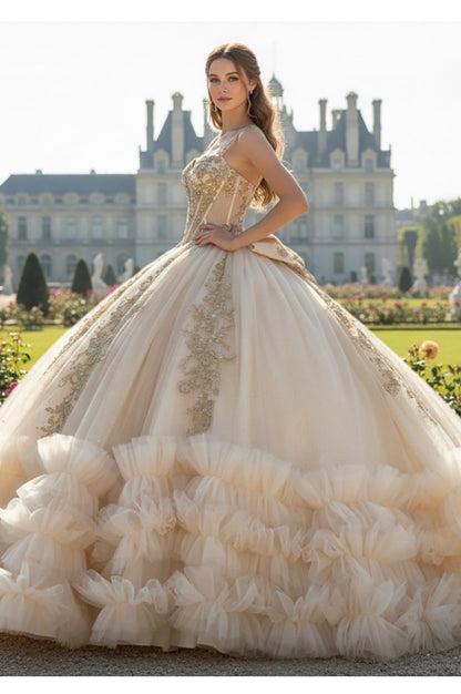 Ruffled hem quince dress. PQ1107 BY BELLA COUTURE