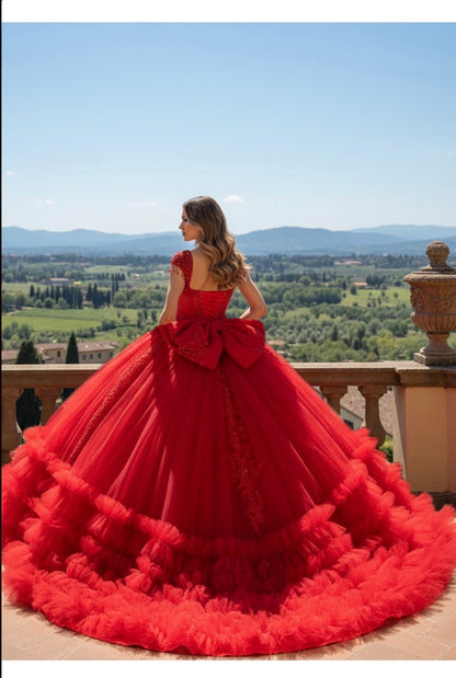 Ruffled hem quince dress. PQ1107 BY BELLA COUTURE