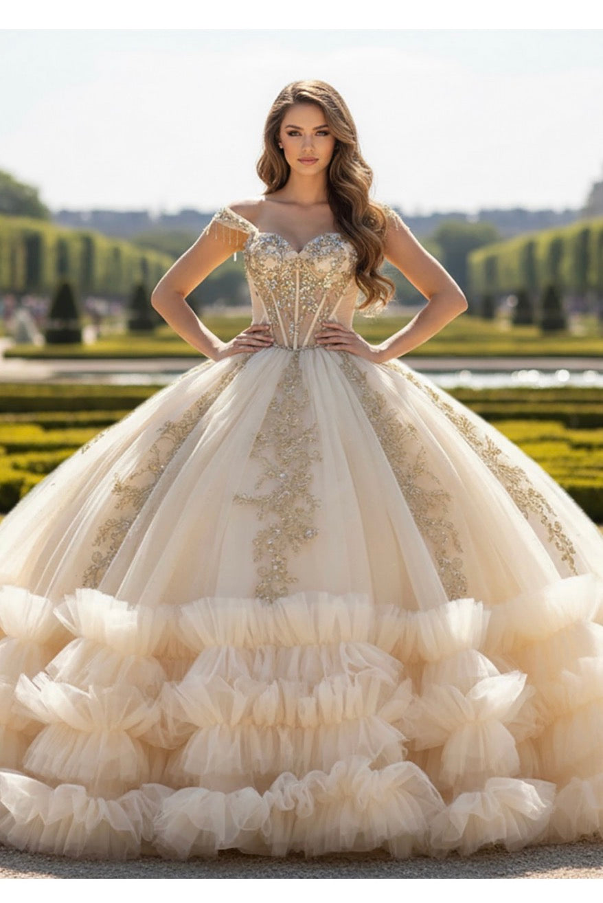 Ruffled hem quince dress. PQ1107 BY BELLA COUTURE