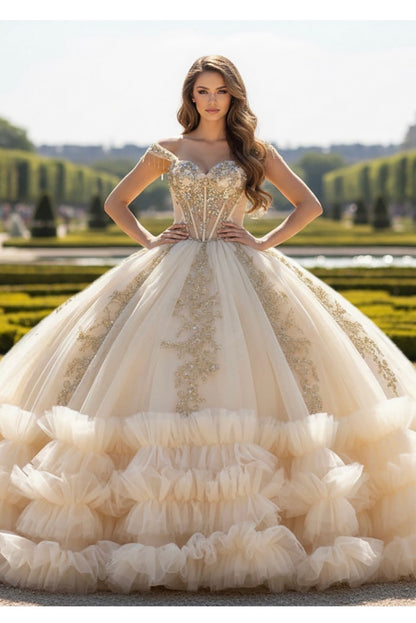 Ruffled hem quince dress. PQ1107 BY BELLA COUTURE