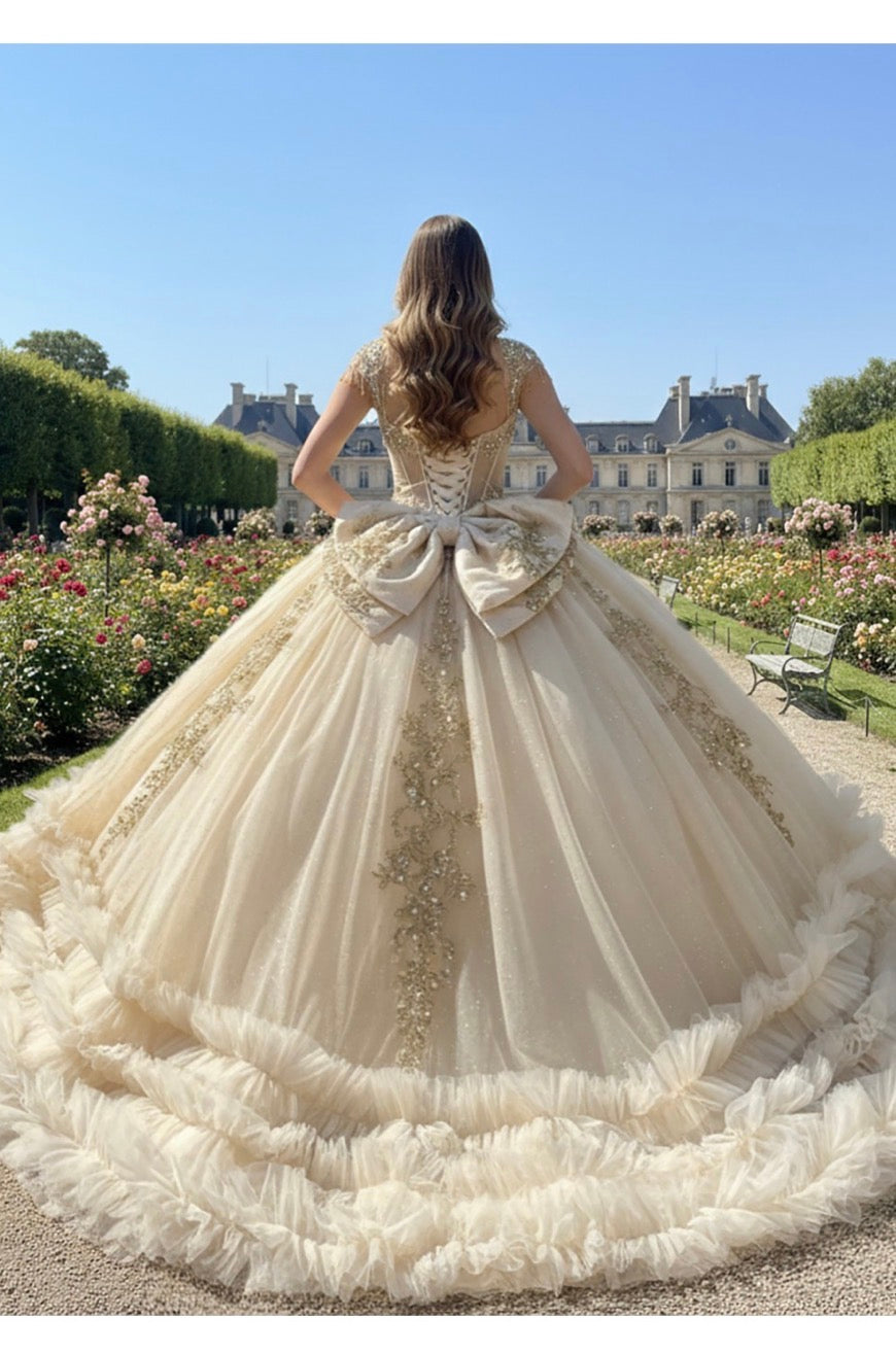 Ruffled hem quince dress. PQ1107 BY BELLA COUTURE