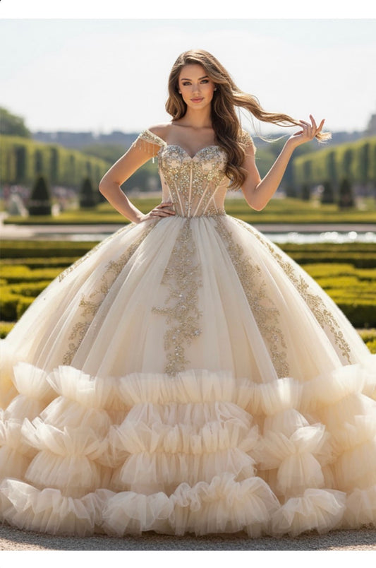 Ruffled hem quince dress. PQ1107 BY BELLA COUTURE