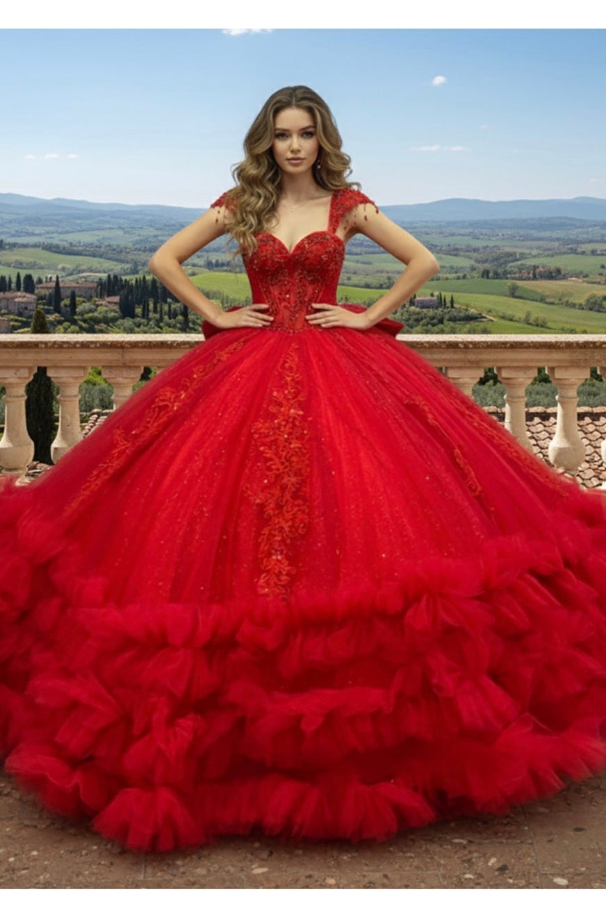 Ruffled hem quince dress. PQ1107 BY BELLA COUTURE