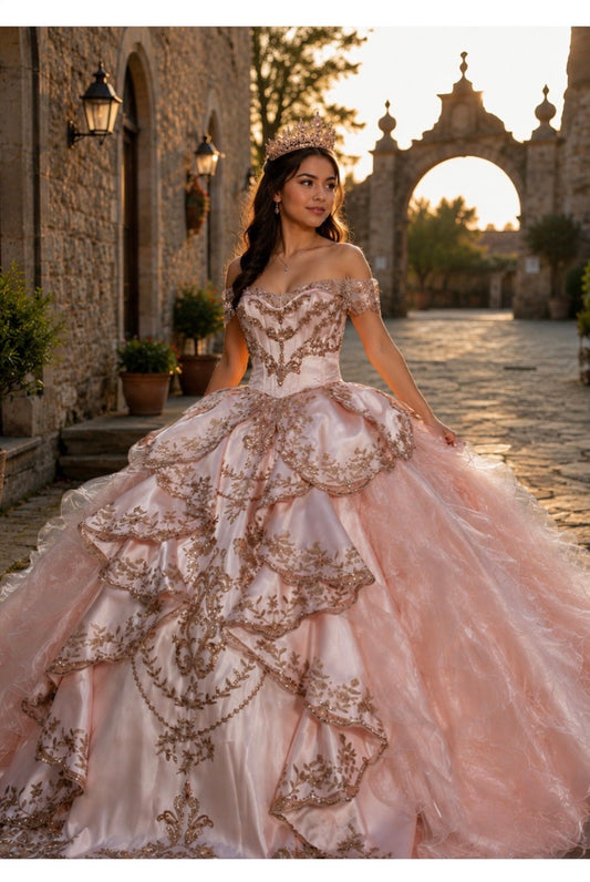 Romantic off-the-shoulder neckline with Layered tiered overskirt. PQ1114 BY CINDERELLA COUTURE