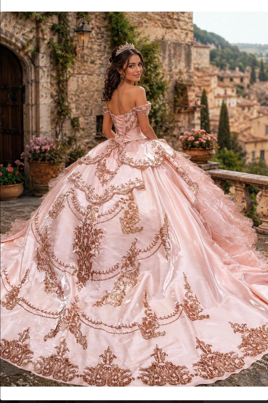 Romantic off-the-shoulder neckline with Layered tiered overskirt. PQ1114 BY CINDERELLA COUTURE