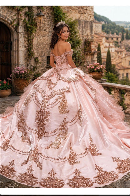 Romantic off-the-shoulder neckline with Layered tiered overskirt. PQ1114 BY CINDERELLA COUTURE