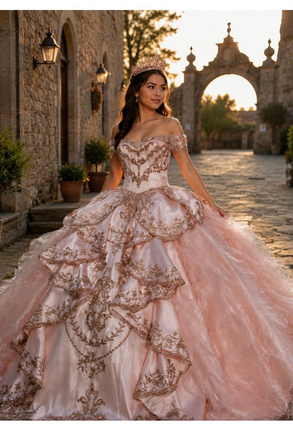 Romantic off-the-shoulder neckline with Layered tiered overskirt. PQ1114 BY CINDERELLA COUTURE
