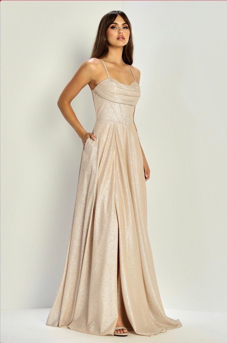 Sparkly dress with open corset at back. elegant touch of pocket in the skirt. 3324 by ADORA DESIGN