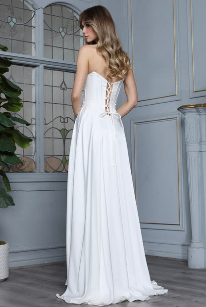 Satin dress with open corset at back. elegant touch of pocket in the skirt. 3367-01 by ADORA DESIGN