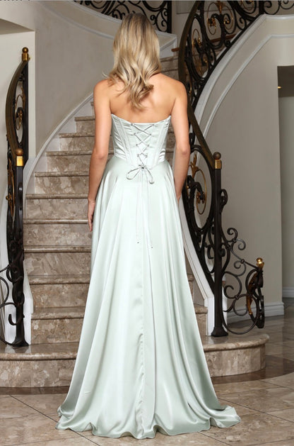 Satin dress with open corset at back. elegant touch of pocket in the skirt. 3367 by ADORA DESIGN