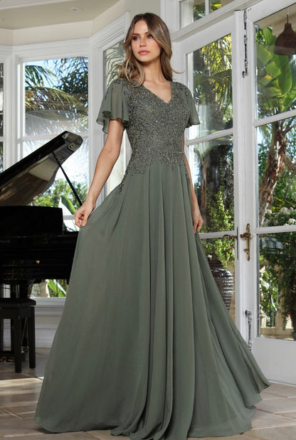 Flower Embroidery Chiffon A-line Long Dress w/ chiffon Short Sleeves. 3356-03 BY ADORA DESIGN