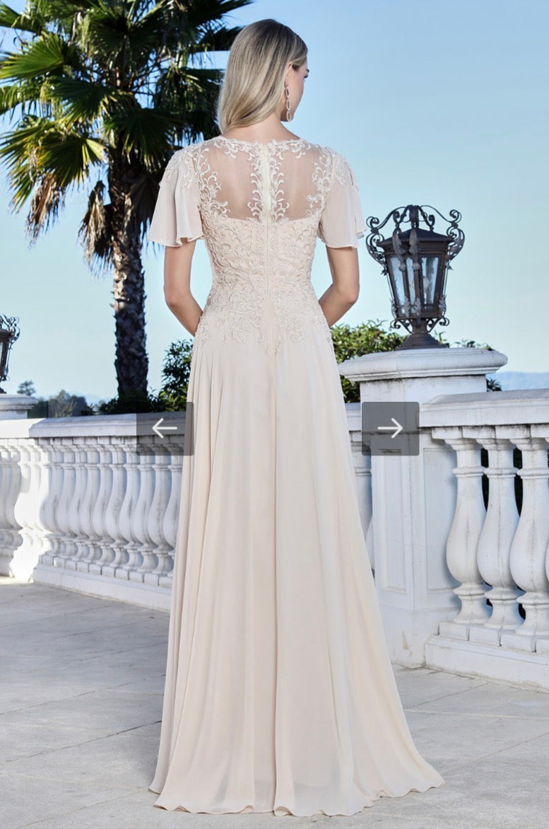 Flower Embroidery Chiffon A-line Long Dress w/ chiffon Short Sleeves. 3356-03 BY ADORA DESIGN