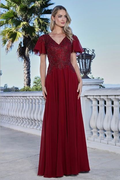 Flower Embroidery Chiffon A-line Long Dress w/ chiffon Short Sleeves. 3356-03 BY ADORA DESIGN