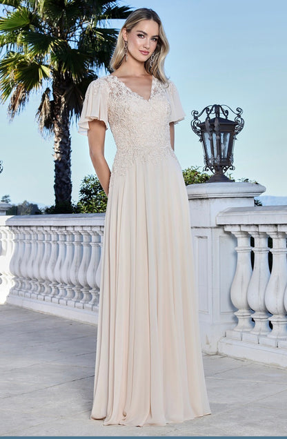 Flower Embroidery Chiffon A-line Long Dress w/ chiffon Short Sleeves. 3356-03 BY ADORA DESIGN
