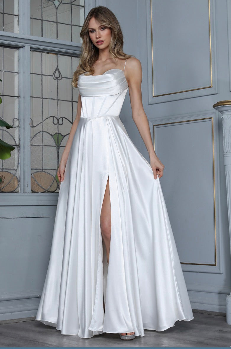 Satin dress with open corset at back. elegant touch of pocket in the skirt. 3368-01 by ADORA DESIGN