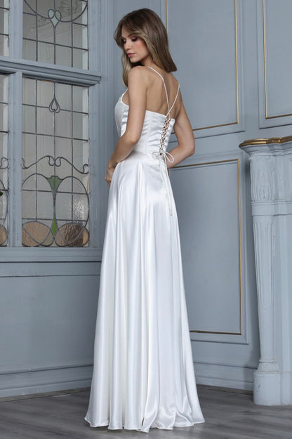 Satin dress with open corset at back. elegant touch of pocket in the skirt. 3368-01 by ADORA DESIGN
