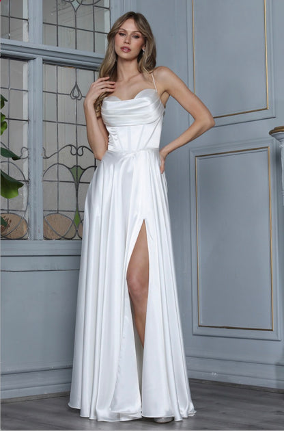 Satin dress with open corset at back. elegant touch of pocket in the skirt. 3368-01 by ADORA DESIGN