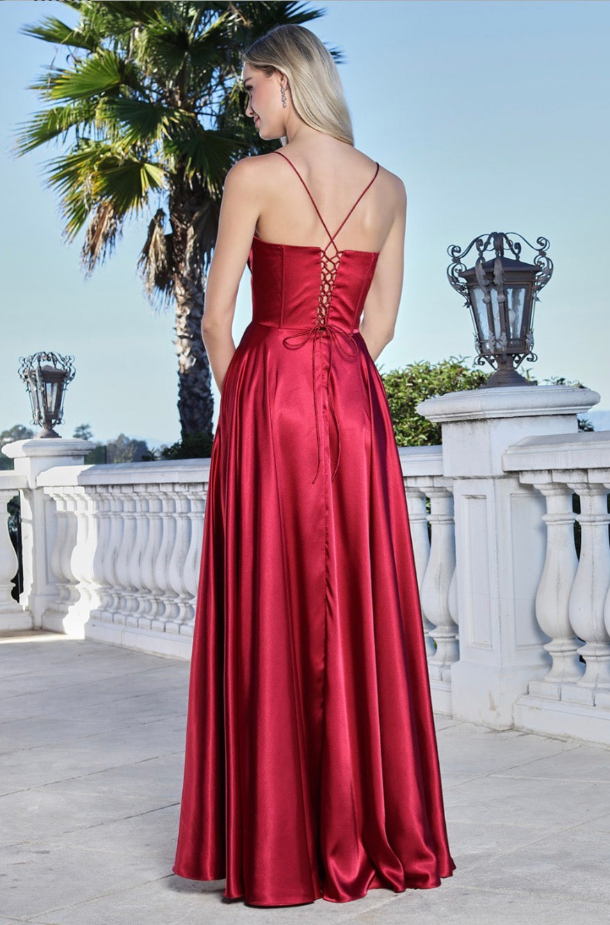 Satin dress with open corset at back. elegant touch of pocket in the skirt. 3368 by ADORA DESIGN