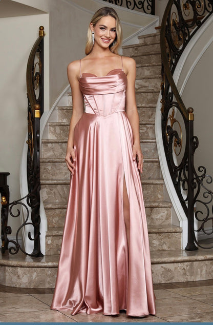 Satin dress with open corset at back. elegant touch of pocket in the skirt. 3368 by ADORA DESIGN