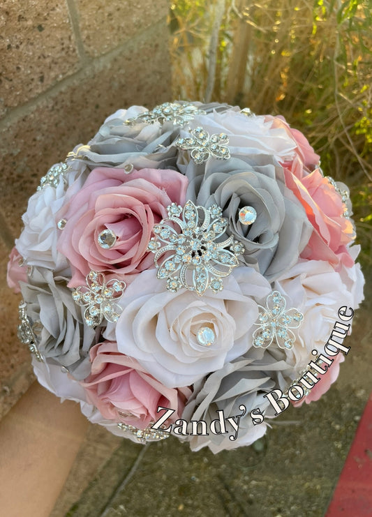 Silver, Blush and Cream Bouquet with Silver Brooches. BLSCR043 by MARINA’S CRAFT. PREORDER AVAILABLE!