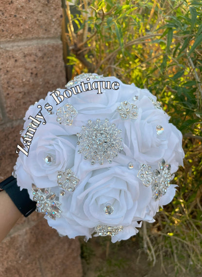Small White Bouquet with Silver Brooches.WTE042 by MARINA’S CRAFT