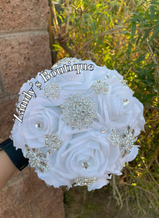 Small White Bouquet with Silver Brooches.WTE042 by MARINA’S CRAFT