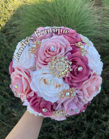 Cream, Blush, Mauve, and Magenta with gold brooches bouquet. CRBLMA010 by MARINA'S CRAFT.