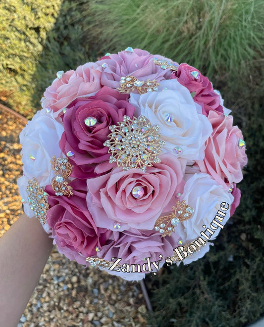 Cream, Blush, Mauve, and Magenta with gold brooches bouquet. CRBLMA010 by MARINA'S CRAFT.