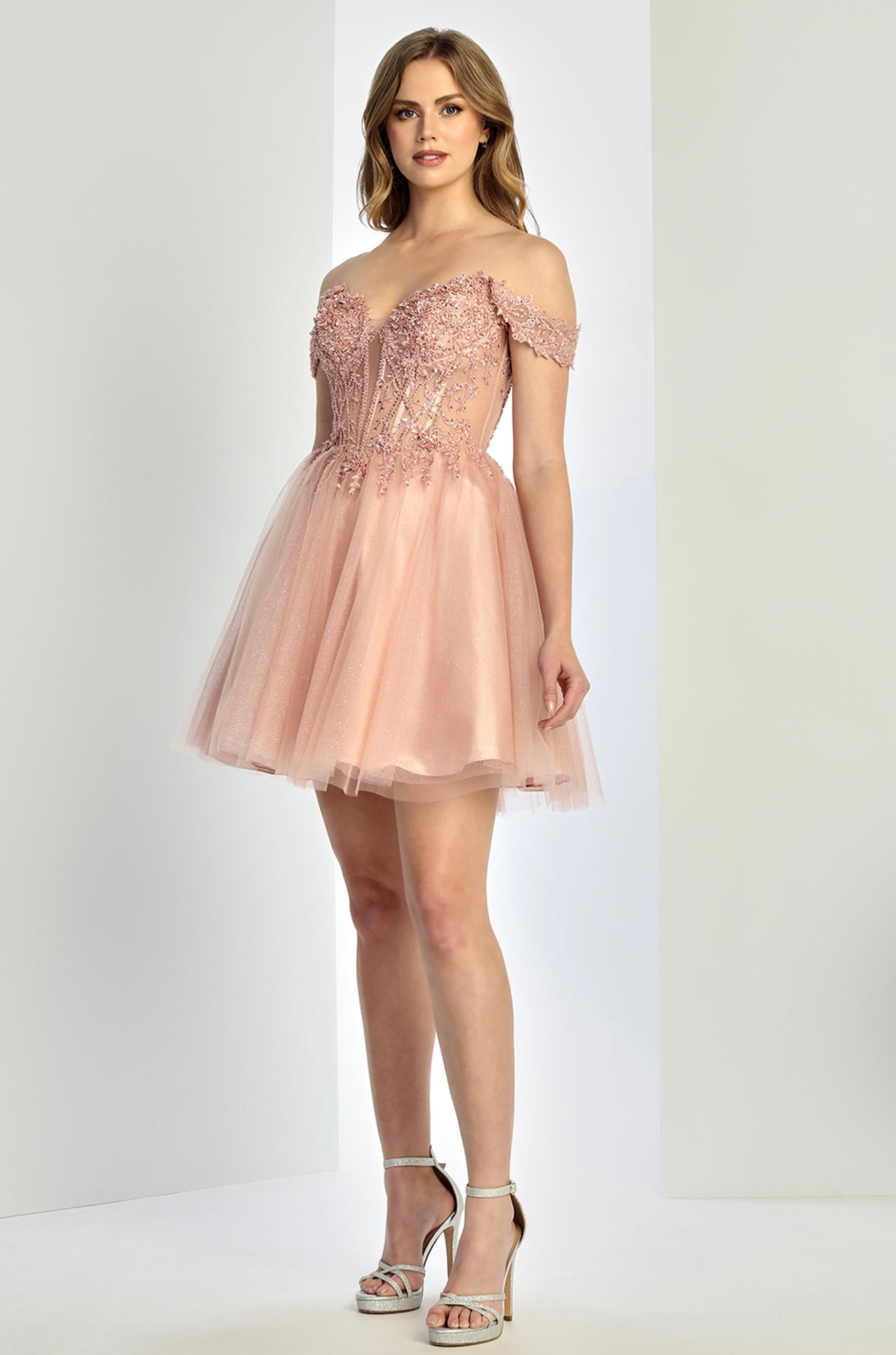 Beaded Embellishments with a Corset Top, Off the Shoulder, A-Line Short Dress with a Zipper Back. 1066 by ADORA DESIGN
