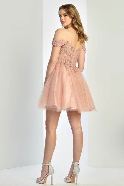 Beaded Embellishments with a Corset Top, Off the Shoulder, A-Line Short Dress with a Zipper Back. 1066 by ADORA DESIGN