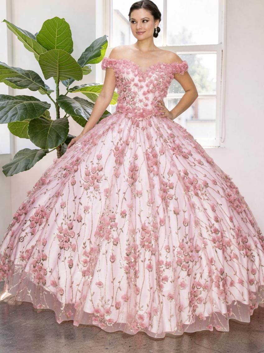 Off shoulder 3D floral applique over glitter designed mesh ball gown. 8021J by Cinderella Couture