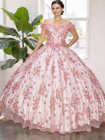 Off shoulder 3D floral applique over glitter designed mesh ball gown. 8021J by Cinderella Couture