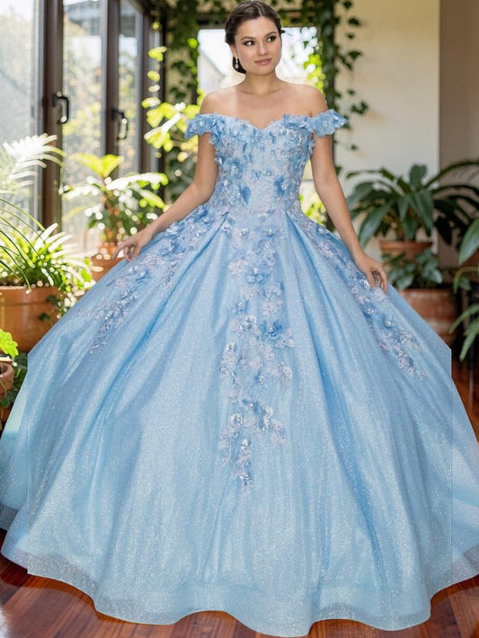 3D floral off shoulder ball gown with glitter skirt. 8020J by Cinderella Couture.