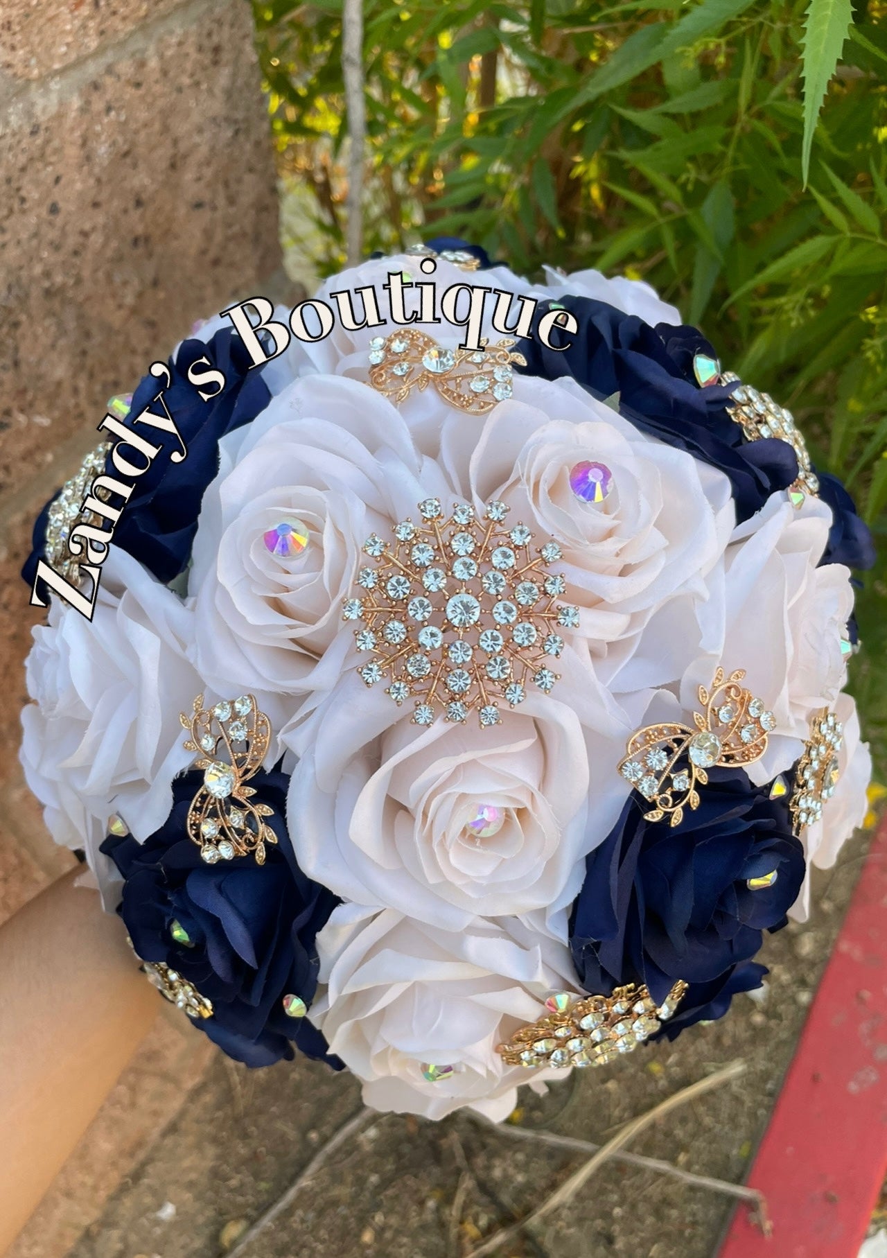 Cream with Navy Blue and Gold Brooches. CRNB40 by MARINA’S CRAFT
