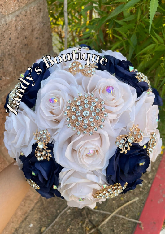 Cream with Navy Blue and Gold Brooches. CRNB40 by MARINA’S CRAFT