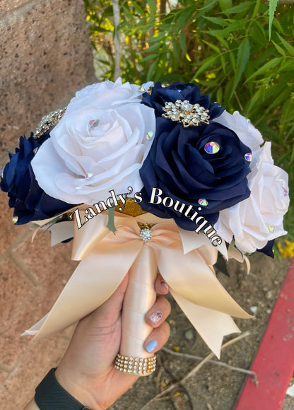 Cream with Navy Blue and Gold Brooches. CRNB40 by MARINA’S CRAFT