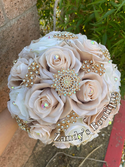 Champagne and Ivory with Gold Brooches Bouquet. CHI017 by MARINA’S CRAFT.