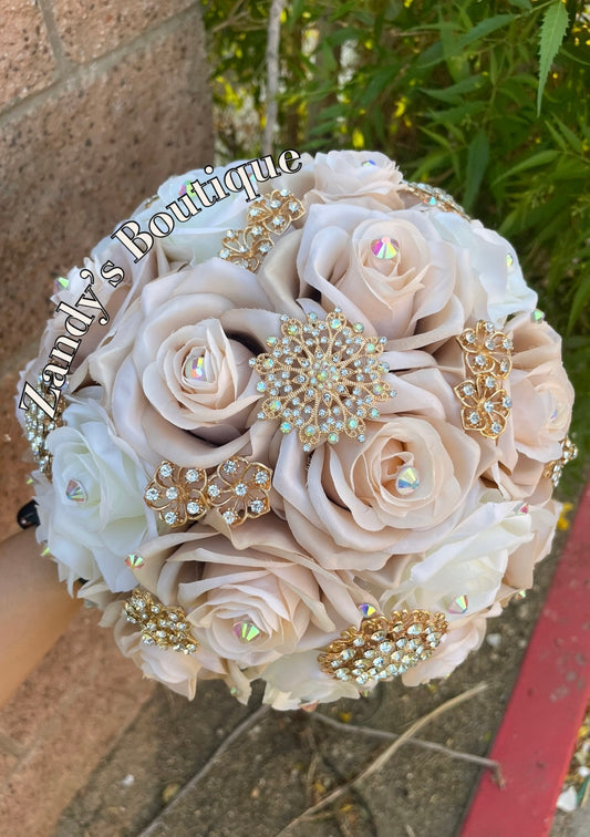 Champagne and Ivory with Gold Brooches Bouquet. CHI017 by MARINA’S CRAFT.