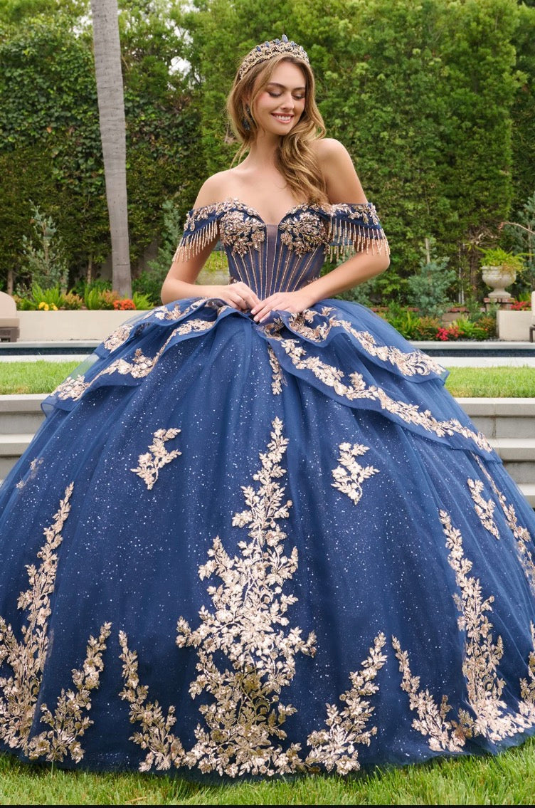 This quinceañera gown features elegant double-layered fold-over off-the-shoulder straps. GL3857 BY ELIZABETH K