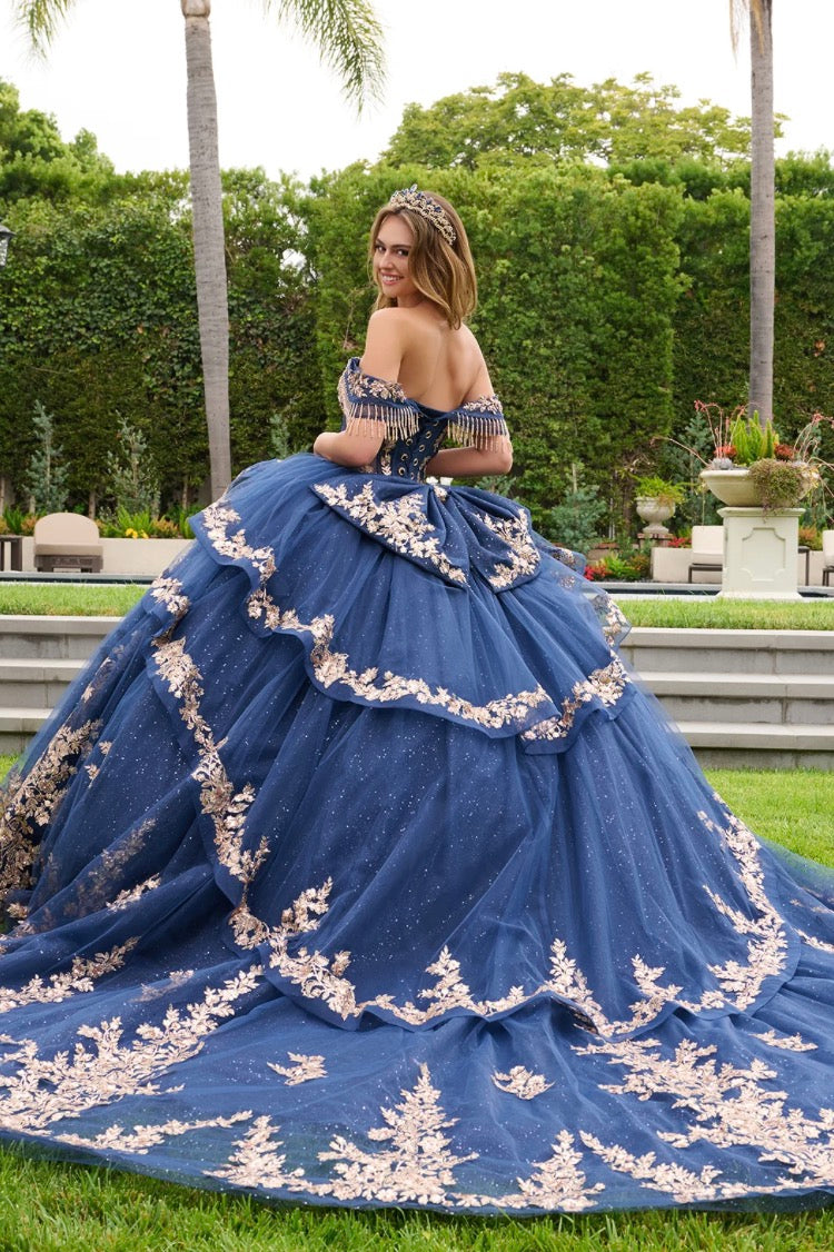 This quinceañera gown features elegant double-layered fold-over off-the-shoulder straps. GL3857 BY ELIZABETH K