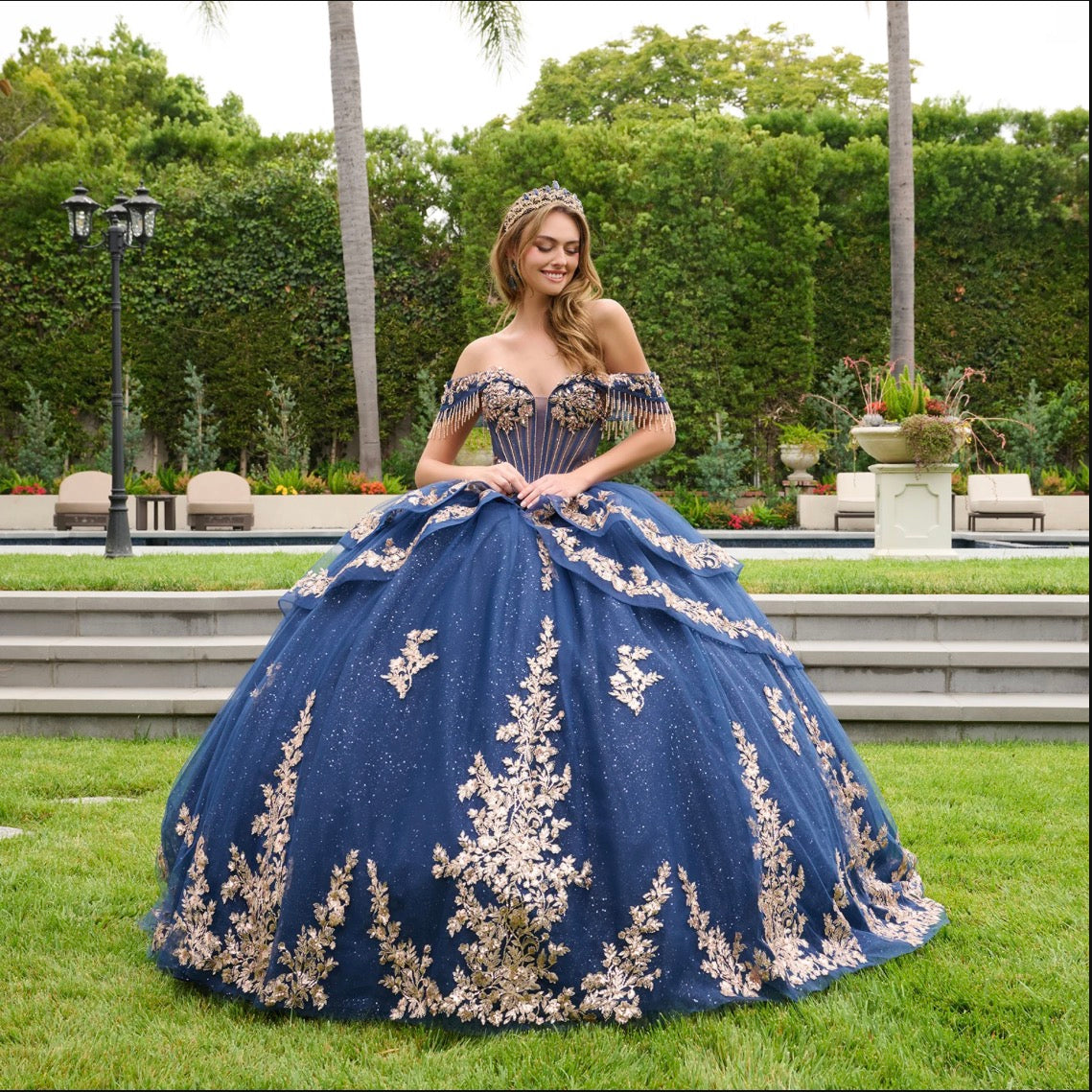 This quinceañera gown features elegant double-layered fold-over off-the-shoulder straps. GL3857 BY ELIZABETH K
