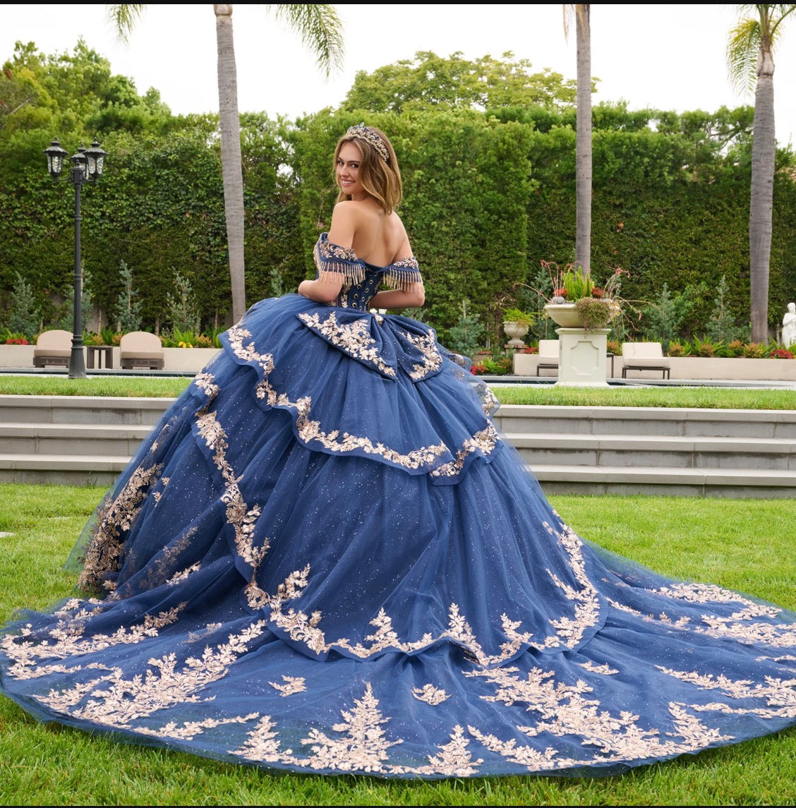 This quinceañera gown features elegant double-layered fold-over off-the-shoulder straps. GL3857 BY ELIZABETH K