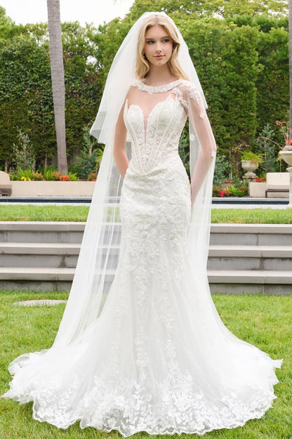 This wedding look features a strapless corset bodice with layered flaps on each side. GL3844 GLS BY GLORIA