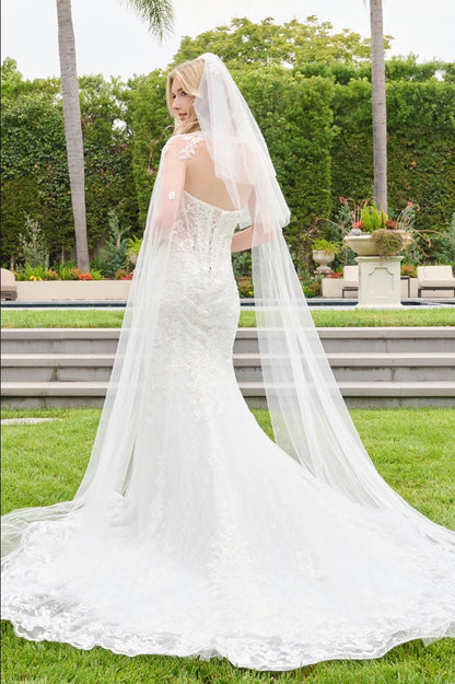 This wedding look features a strapless corset bodice with layered flaps on each side. GL3844 GLS BY GLORIA