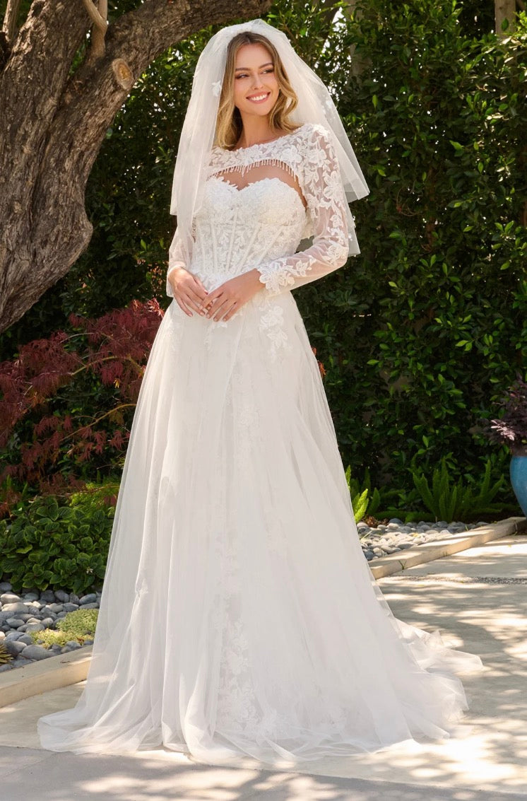 This two-in-one wedding look features a strapless fitted dress with a delicate lace underlayer.  GL3842 GLS BY GLORIA