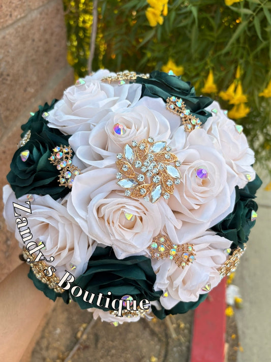 Dark Green With Cream Bouquet Along with Sparkly Gold Brooches Bouquet HGCR001 by MARINA'S CRAFT.